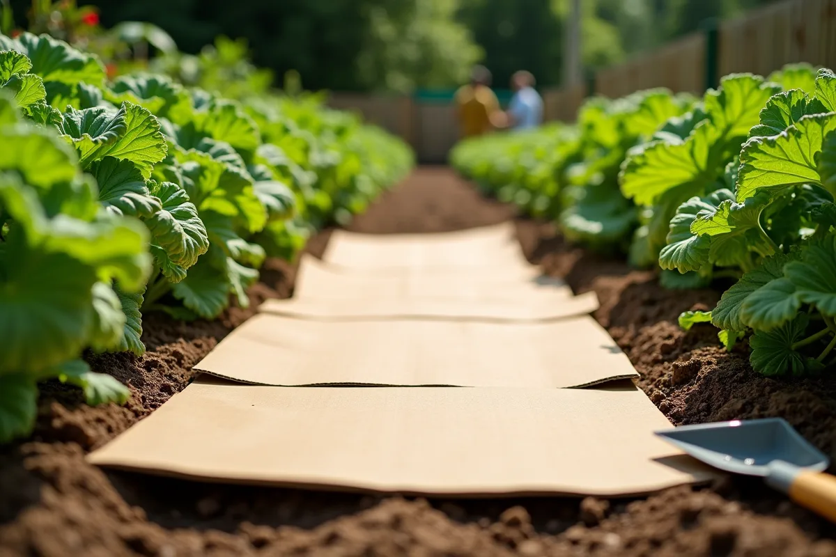 Feuilles de carton comme paillis dans un jardin ensoleille