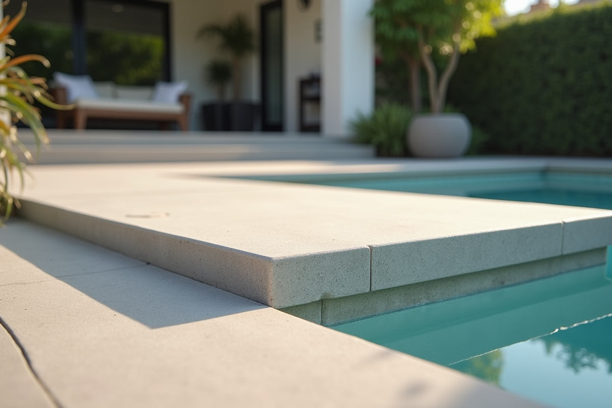 Dalle en béton prête pour spa avec ombres douces et facade de maison en arrière-plan