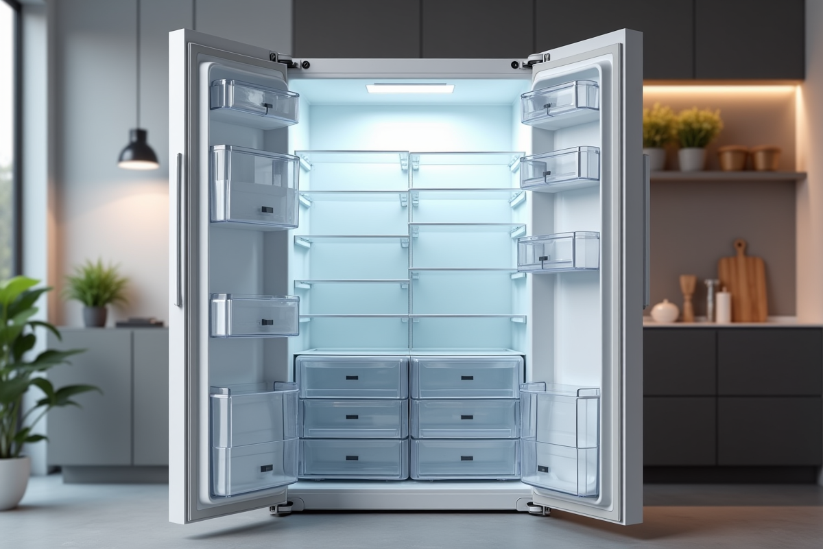 Frigo vide avec étagères réglables dans une cuisine moderne bien éclairée