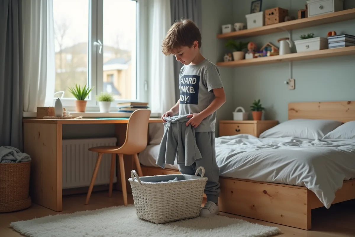 Garçon pliant un hoodie dans sa chambre en ordre