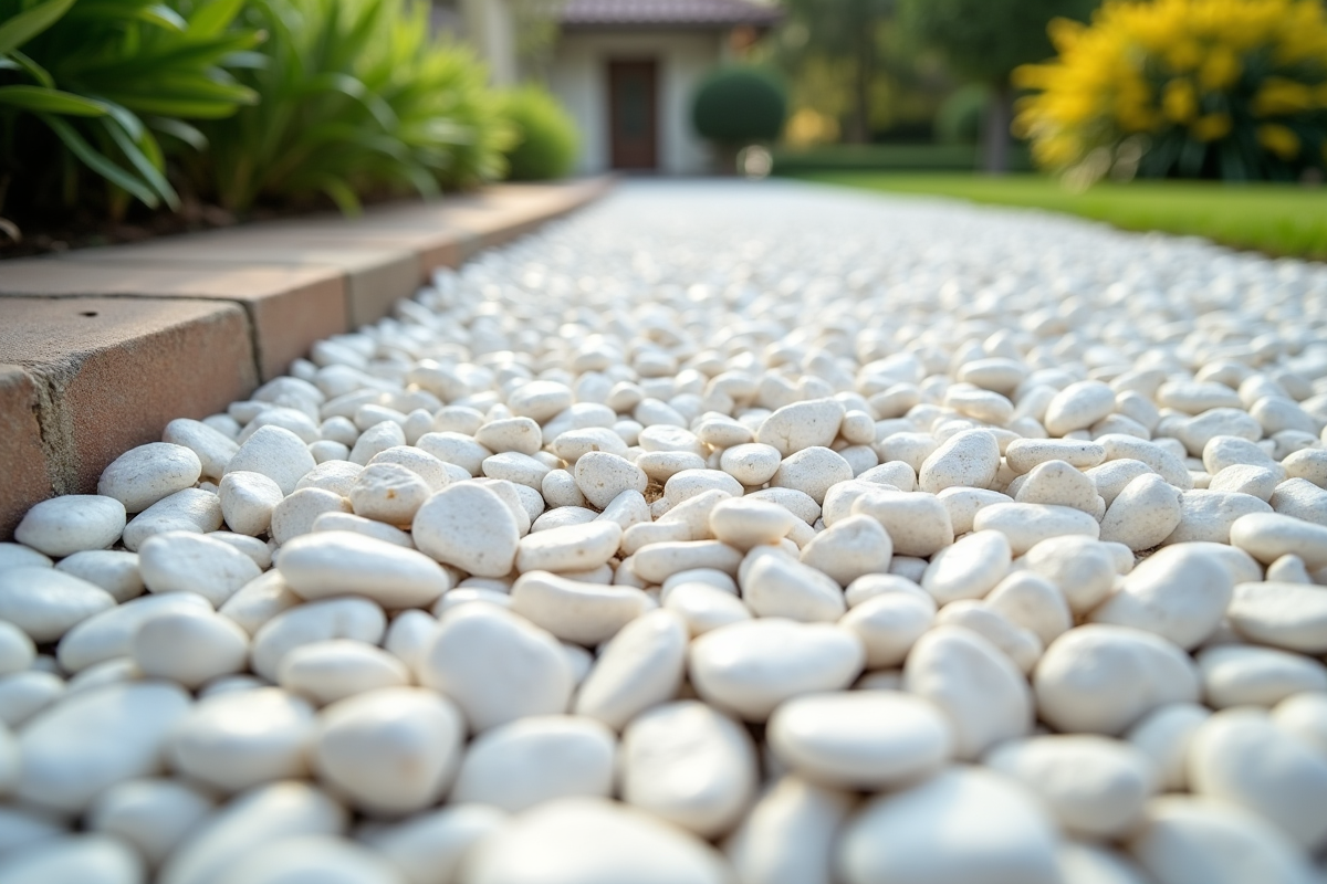Géotextile sous gravier blanc dans un jardin paysager en journée