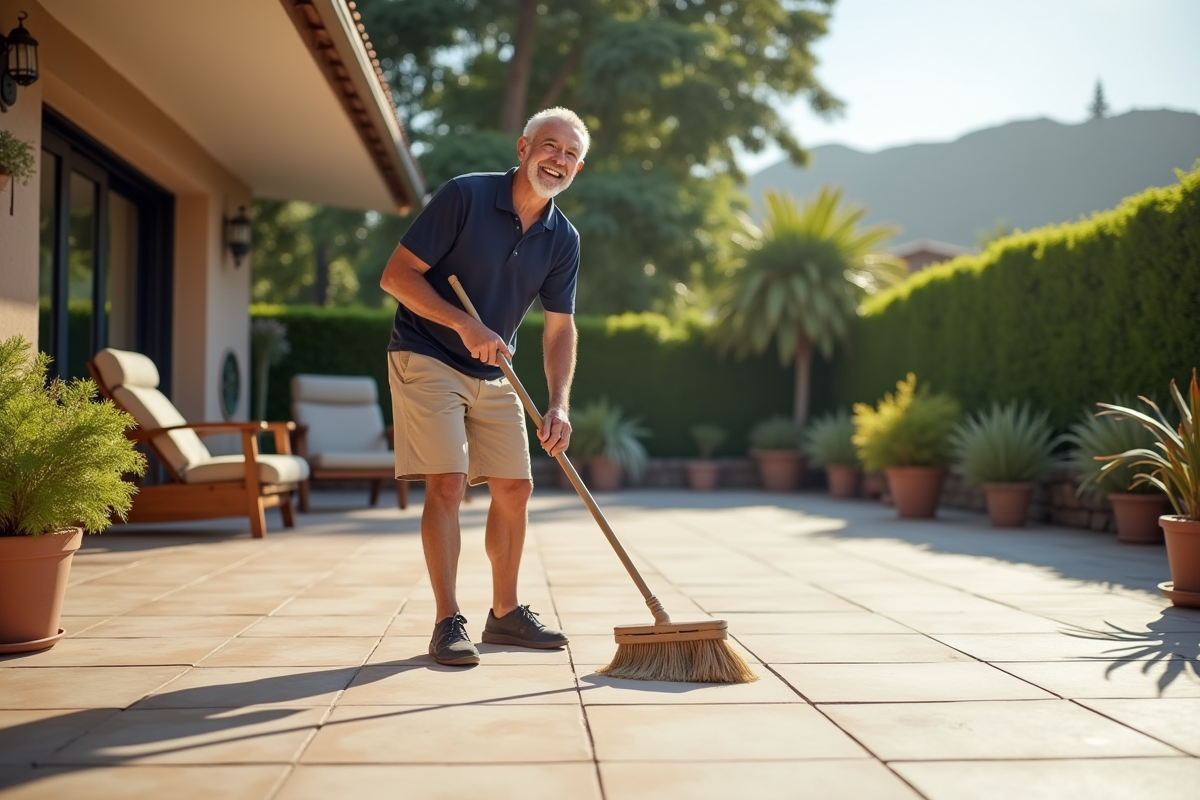 Homme balayant une terrasse en carrelage extérieur ensoleillé