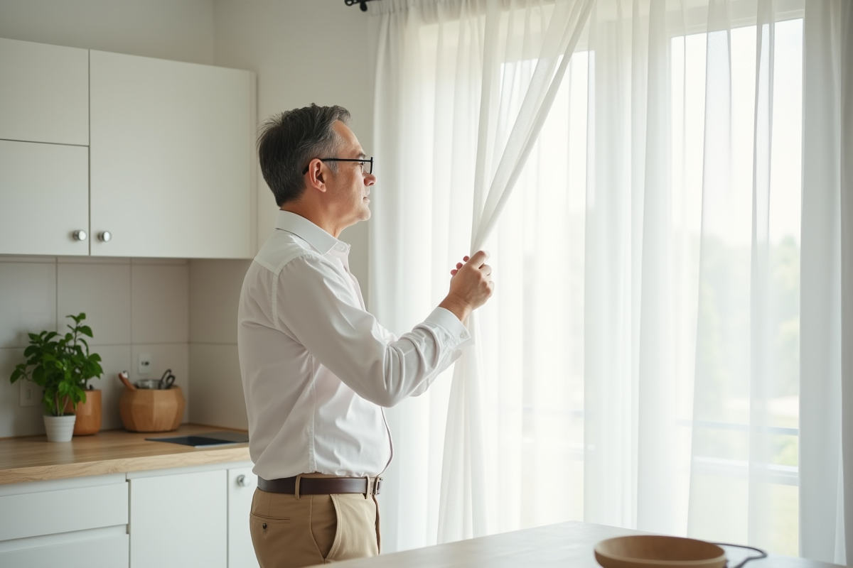 Homme tirant un rideau dans une cuisine moderne