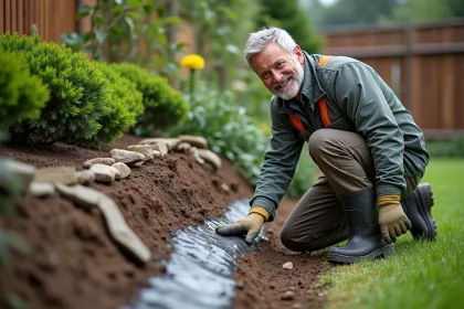 Homme en tenue de travail vérifiant la stabilité d'une pente de jardin