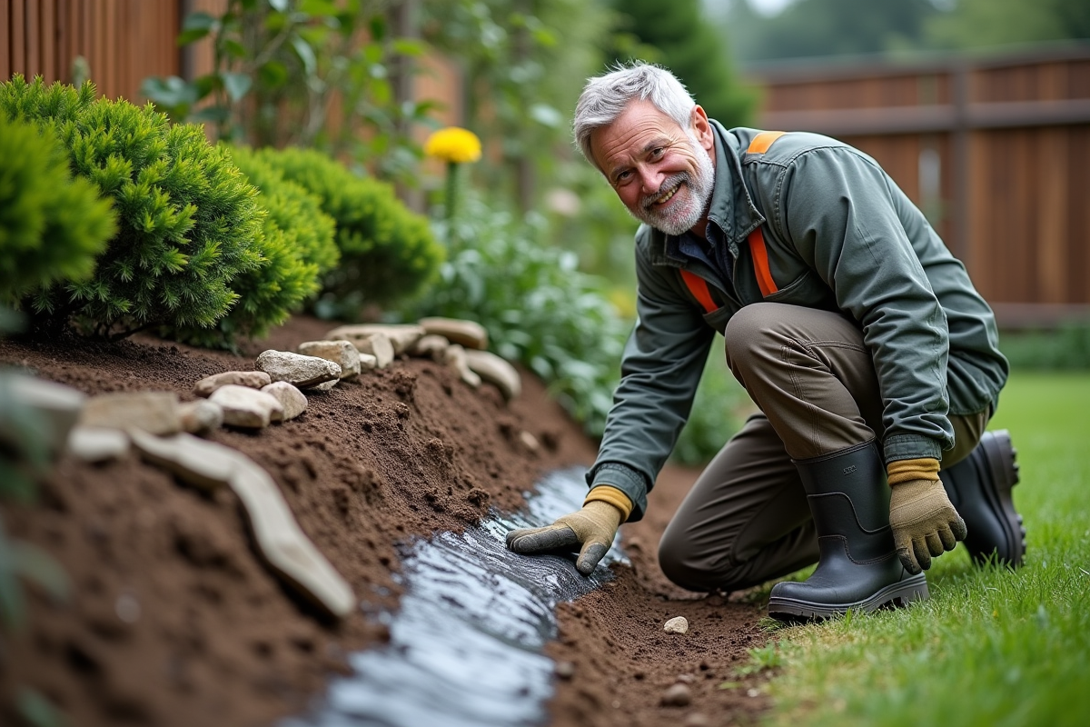 Homme en tenue de travail vérifiant la stabilité d'une pente de jardin
