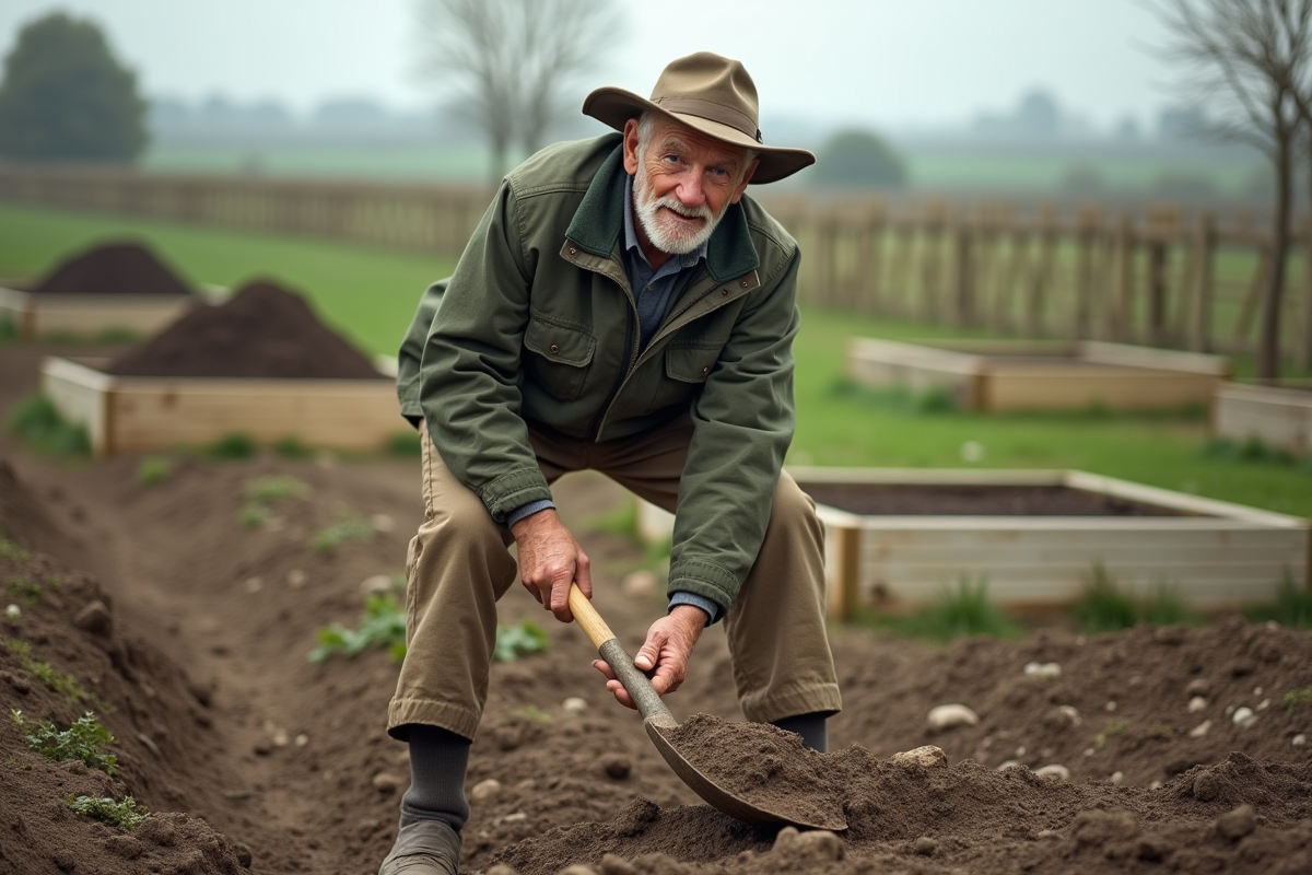 Homme âgé utilisant une pelle dans un jardin rural en pleine nature