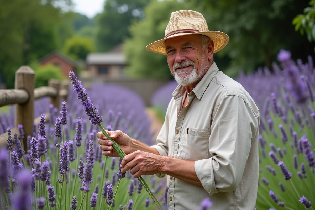 Homme âgé observant la lavande dans un jardin rural