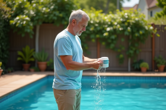 Homme mesurant l'eau du bassin avec une tasse en été