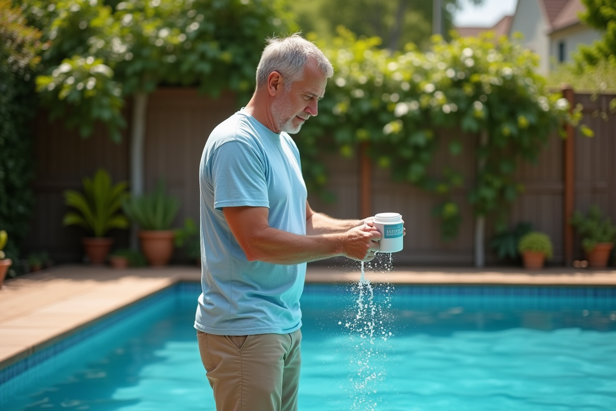Homme mesurant l'eau du bassin avec une tasse en été