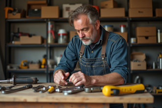 Expert en bricolage examine outils dans un atelier organisé