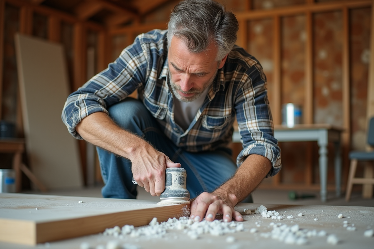 Homme d'âge moyen ponçant une porte en bois dans une maison en rénovation