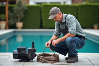 Homme en tenue casual vérifiant un fil électrique près d'une piscine