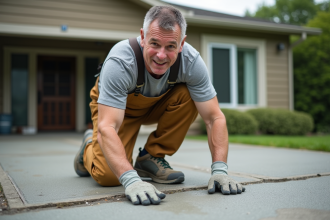 Homme en combinaison appliquant du resurfaçant sur une allée en béton