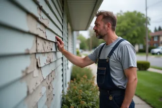 Homme en salopette examine une façade en fibercement
