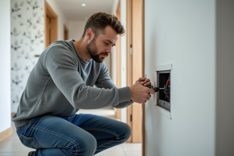 Homme en jeans et pull grey répare un panneau électrique