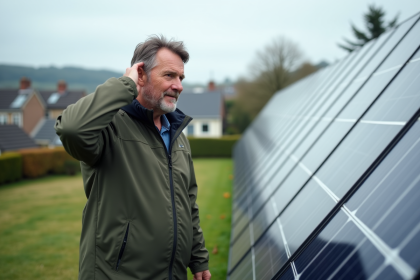 Homme d'&acirc;ge moyen pr&egrave;s de panneaux solaires sur un toit urbain
