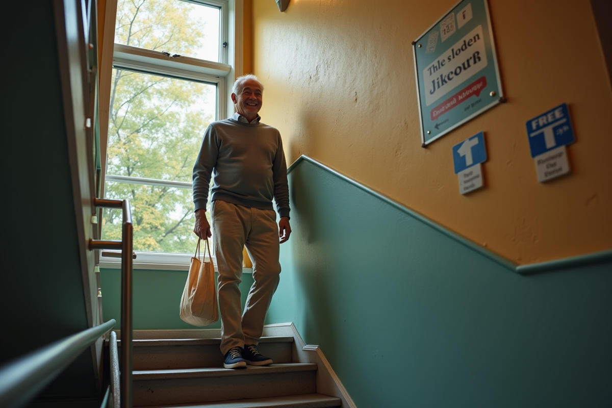 Retraite homme souriant dans un immeuble avec escaliers