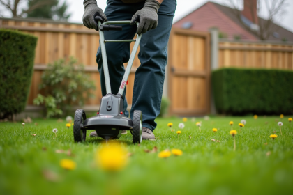 Homme d'âge moyen utilisant une scarificateur manuel dans un jardin