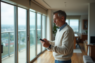 Homme d'âge moyen utilisant une télécommande pour fermer des volets roulants modernes