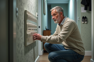 Homme d'âge moyen inspectant un tableau électrique moderne