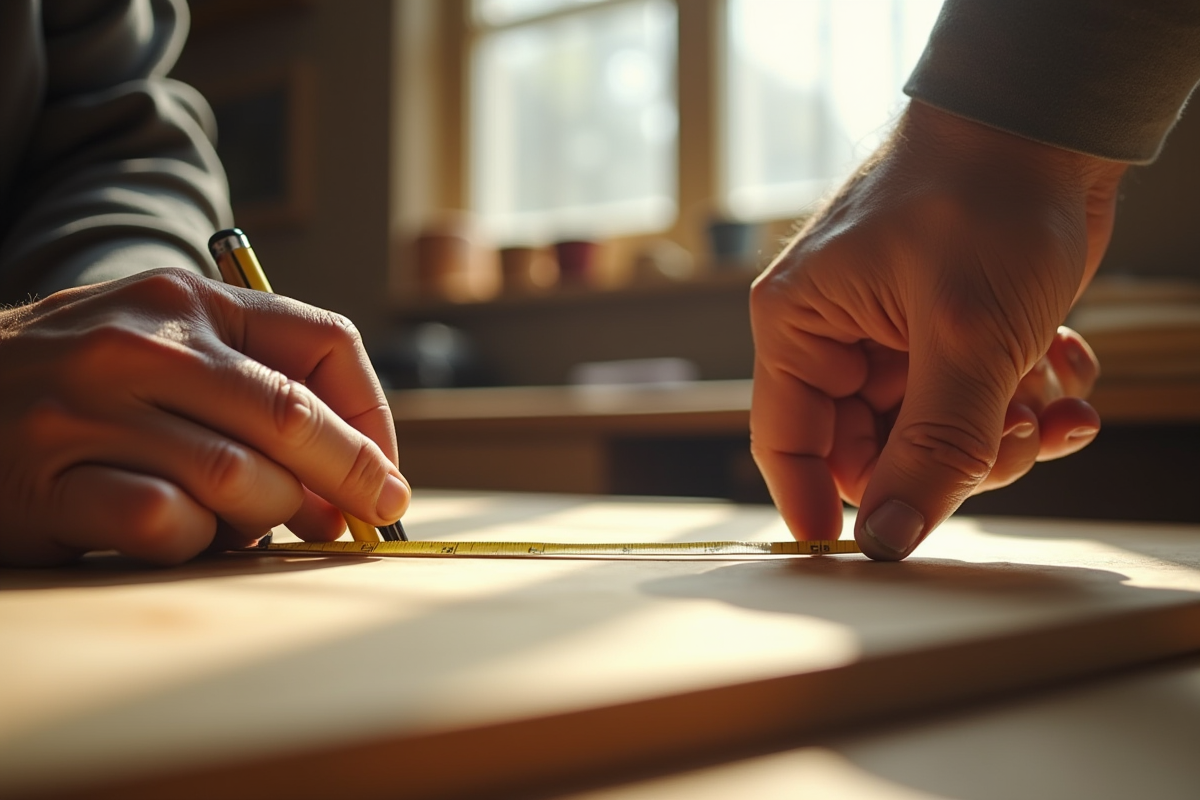 Mains inspectant minutieusement un travail du bois avec règle et crayon