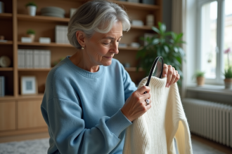 Femme inspectant un pull en laine pour mites dans son salon