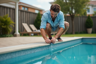 Jeune père installant une alarme de piscine en extérieur