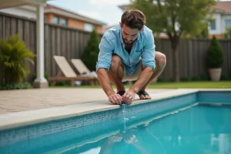 Jeune père installant une alarme de piscine en extérieur