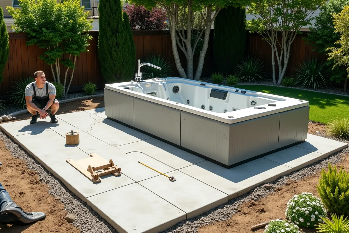 Bain extérieur moderne installé sur une dalle en béton en jardin ensoleille