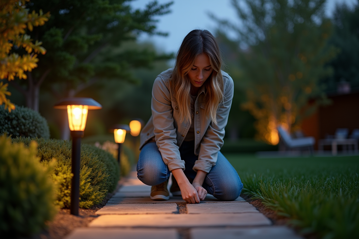 Jeune femme posant une lampe solaire sur un chemin de pierre au crépuscule