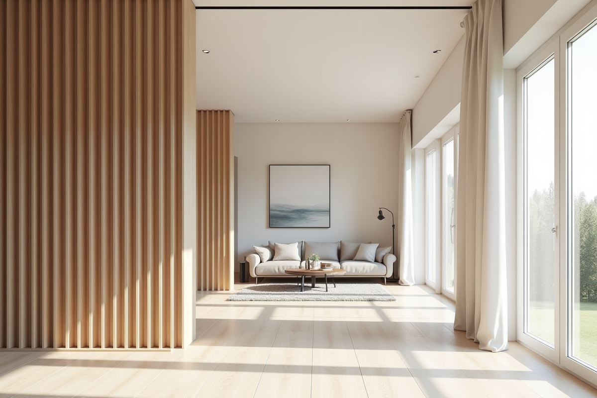 Intérieur scandinave avec séparateur en bois minimaliste