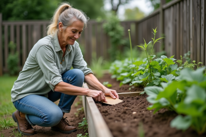 Femme de jardinage posant près d'un lit de légumes en bois