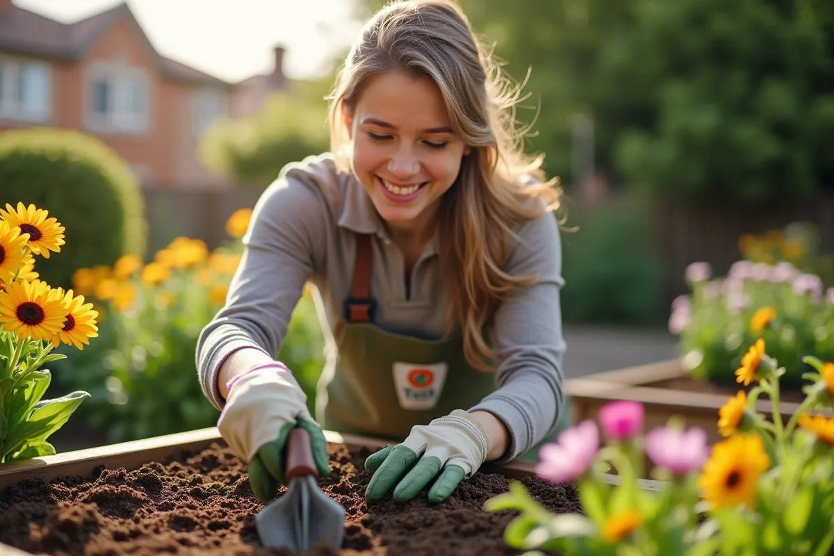 Jardinier débutant plantant des fleurs colorées dans un petit jardin