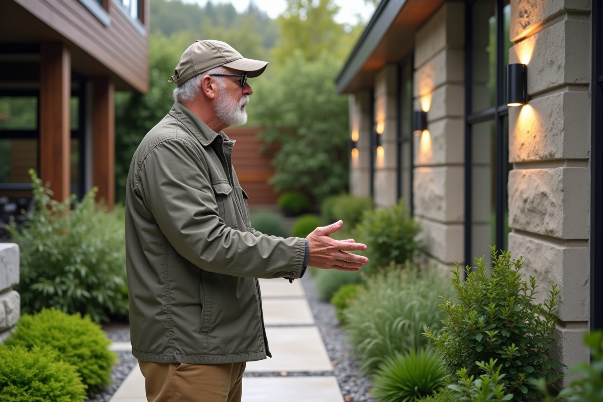 Paysagiste homme devant une maison moderne avec éclairages extérieurs