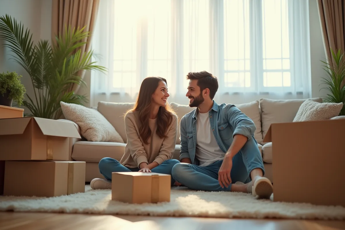 Jeune couple souriant parmi les cartons dans un salon lumineux