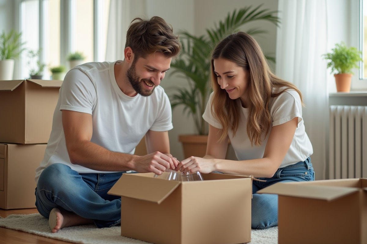 Jeune couple emballant des verres dans un salon lumineux