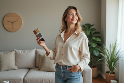 Jeune femme en blouse en lin dans un salon moderne