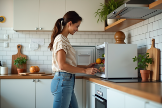 Jeune femme organisant ses courses dans un petit frigo moderne