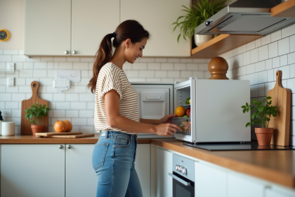 Jeune femme organisant ses courses dans un petit frigo moderne