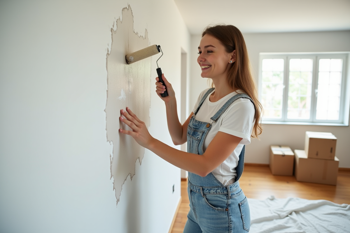 Jeune femme en overalls appliquant de la peinture blanche sur un mur