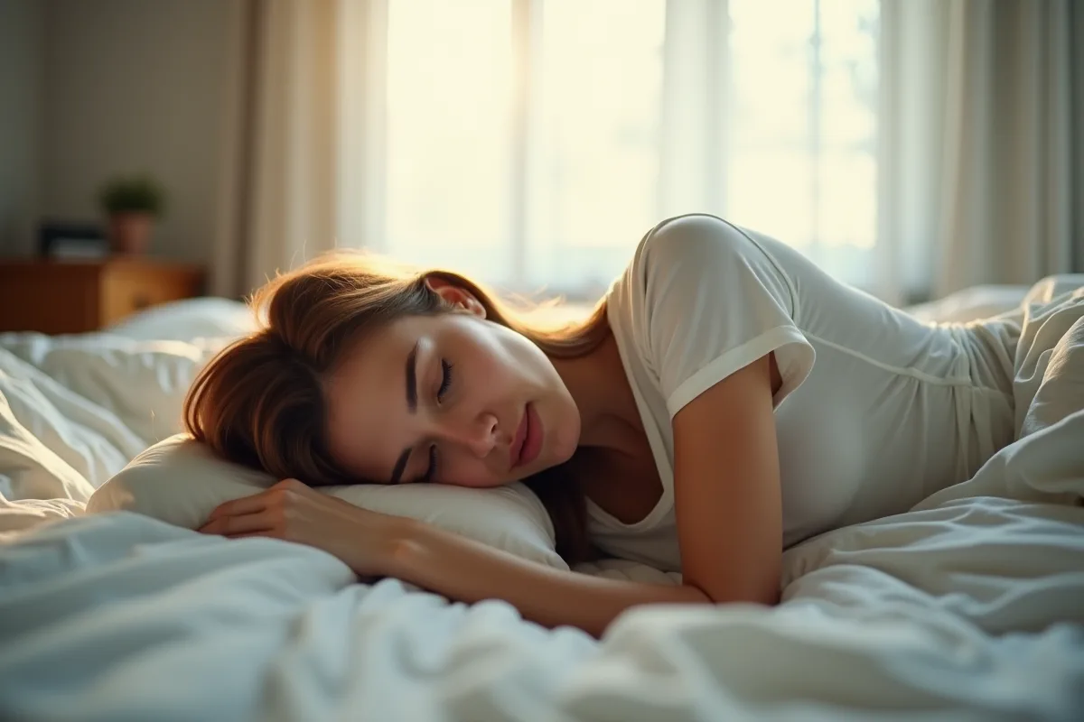 Jeune femme dormant mal sur le ventre dans une chambre lumineuse
