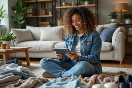 Jeune femme souriante vendant des v&ecirc;tements en ligne