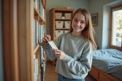 Jeune fille souriante rangeant des livres dans sa chambre organisée