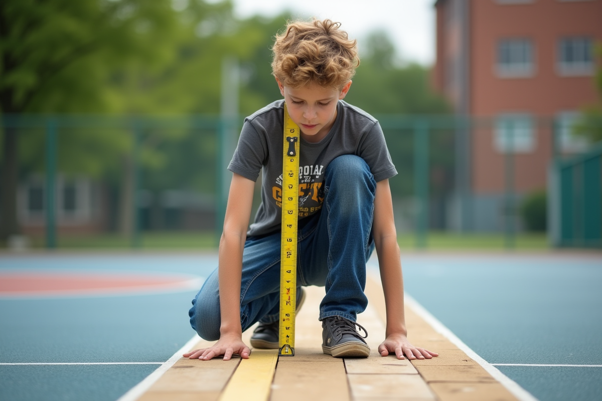 Jeune garçon mesurant une planche en extérieur sur un terrain de sport