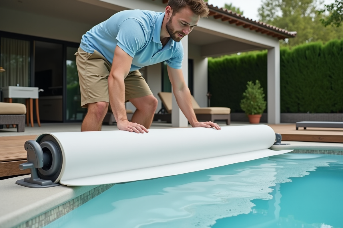 Jeune homme déployant une couverture de piscine moderne