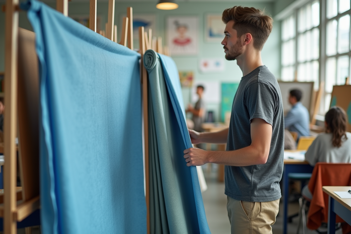 Jeune homme choisissant un fond en tissu dans une salle d art lumineuse