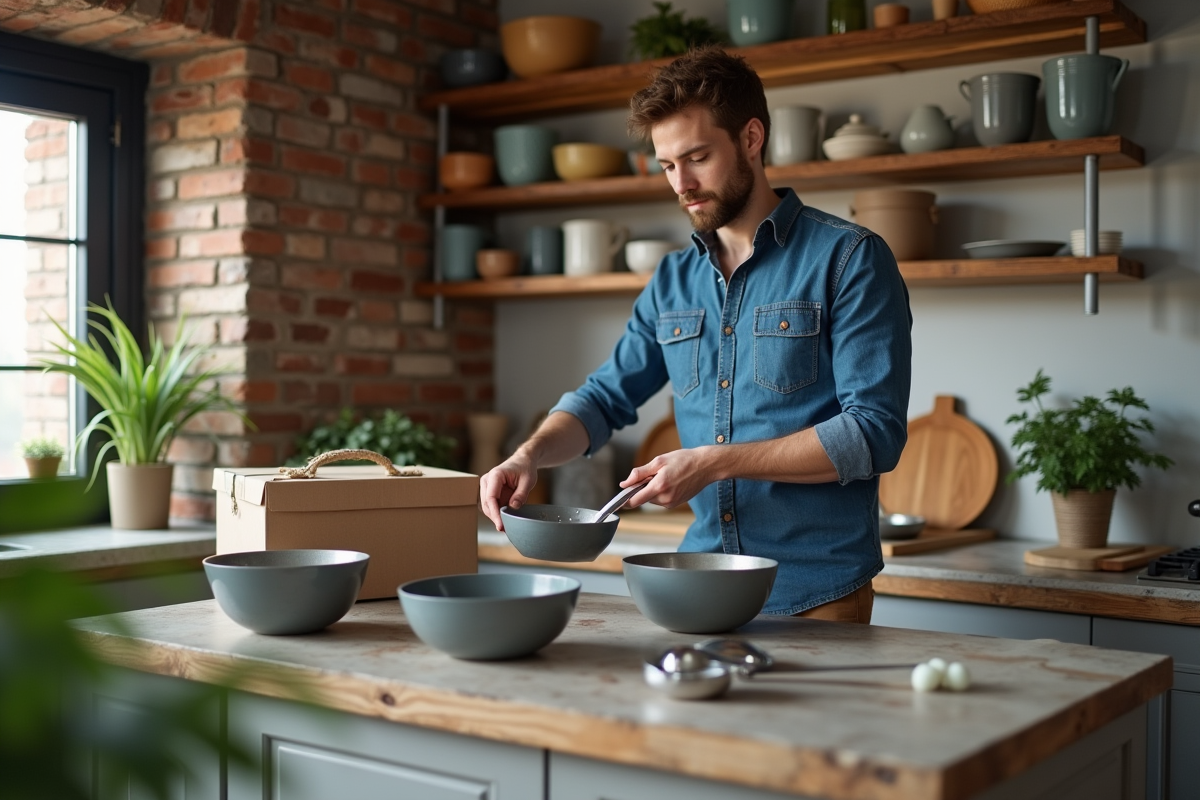 Jeune homme déballant ustensiles de cuisine dans un loft chaleureux