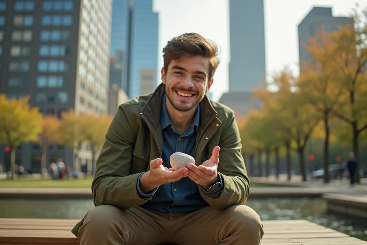 Jeune homme tenant une pierre dans un parc urbain