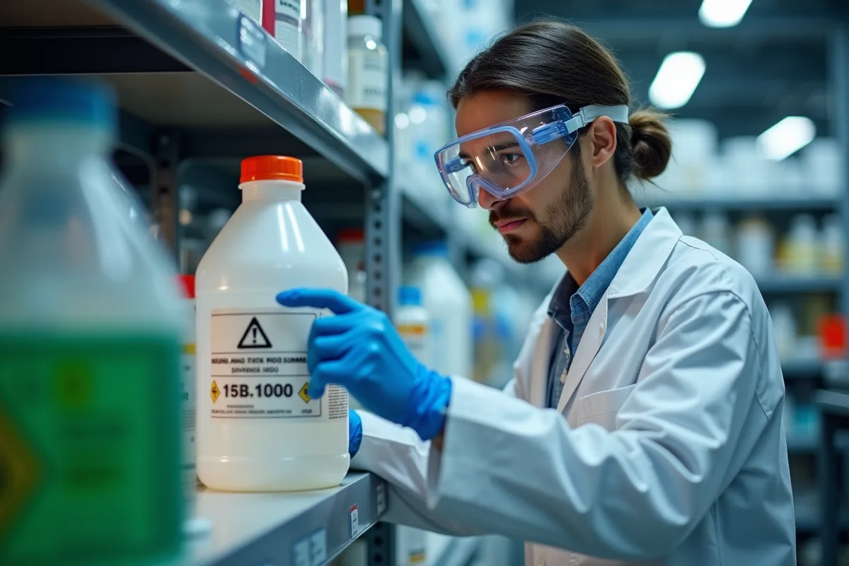 Technicien en sécurité examine un contenant chimique avec symboles de danger