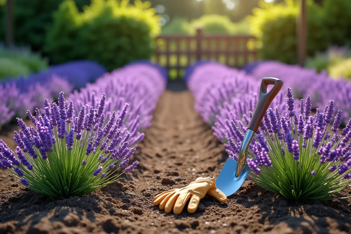 Lavande en fleurs dans un jardin avec outils et clôture